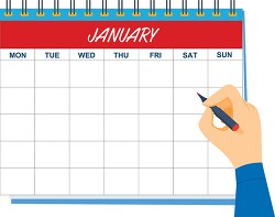 january calendar with hand holding pen clipart