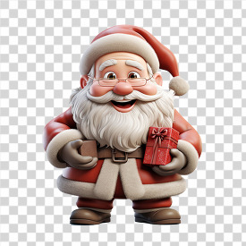 jolly 3D Santa Claus character holding a wrapped gift, sporting 