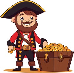 jolly pirate cartoon with a chest of shimmering gold
