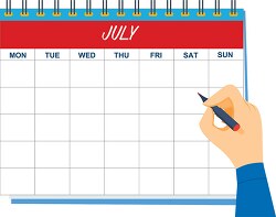 july calendar with hand holding pen clipart