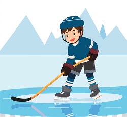 kid hockey player in a blue uniform and helmet holding a stick o