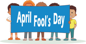 kids holding a banner for april fools day