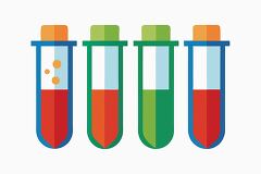 laboratory test tubes containing red green yellow and blue liqui