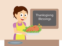 Lady With Cooked Turkey Thanksgiving Blessings Clipart