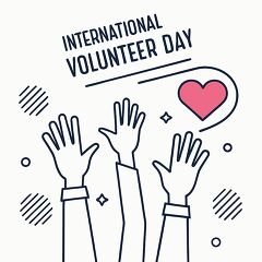 Line art of hands reaching up with the text International Volunteer Day