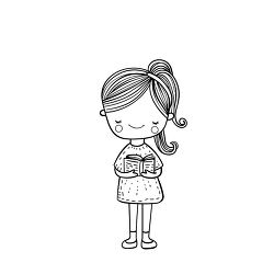 line art sketch of a smiling girl with a ponytail holding a book