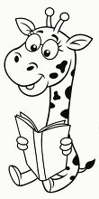 line drawing of a giraffe reading a book