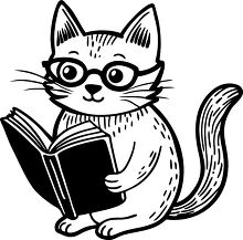 line drawing of cat with glasses reading a book