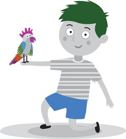 little boy holding pet parrot cartoon style gray color clipart