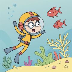 colorful illustration of a child scuba diving and exploring an underwater world with fish and coral