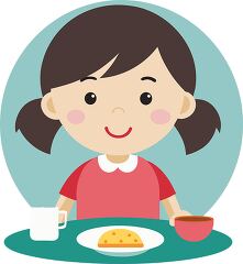 A cheerful little girl sitting at a table enjoying breakfast with a plate, cup, and bowl in front of her