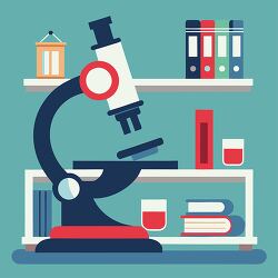 llustration of a microscope placed on a shelf with books and lab