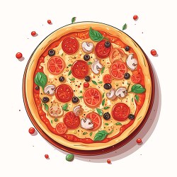 looking down at a whole uncut pizza with tomatoes and mushrooms 