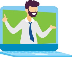 male teacher with a beard is coming out of a laptop screen