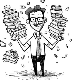 man balancing stacks of school books minimal line illustration