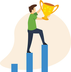 man holding trophy while climbing stairs