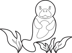 manatee in the water surrounded by plants black outline clip art