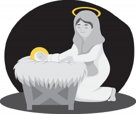 mary with baby jesus in manger christmas christian gray color cl