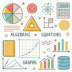 Illustration of math concepts, featuring graphs, equations, and statistical charts