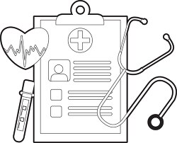 medical concept with clipboard heart stethoscope blood vial prin