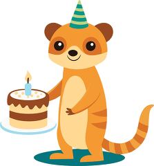 meerkat wearing a striped party hat holds a birthday cake