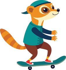 meerkat wearing a teal jacket and sneakers skateboards confident