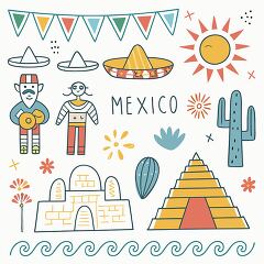 Illustration of Mexico’s culture, including sombreros, cacti, and pyramids