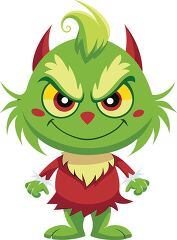 mischievous green character with a sly grin wearing red and green