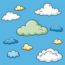 Multiple cartoon clouds in different colors and shapes with whit