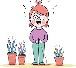 nervous girl holds a microphone surrounded by plants