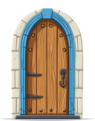 old fashioned wooden door reinforced with metal and set in a sto