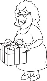 old lady grandmother with gift box black outline