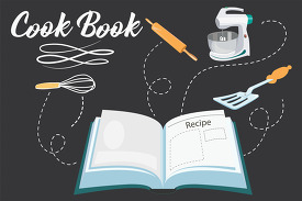 open recipe book surrounded by cooking utensils transparent
