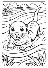 otter swimming playfully in a river black outline