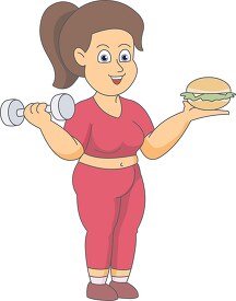 overweight person holding hamburger and weights clipart