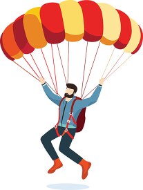 parachutist floats down with a red and yellow parachute