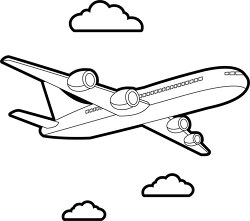 passenger airplane flies in clouds printable black outline clipart