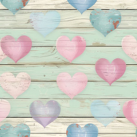 pastel colored wooden hearts on a rustic blue plank background