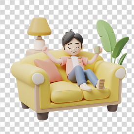 person relaxes on a couch in a living room 3d clay icon transparent png