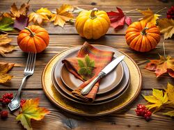  autumn place setting with stacked brown plates a plaid napkins