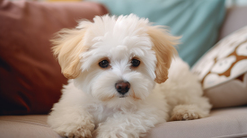  Bichon Frise Dog breed puppy sit on the couch