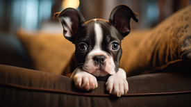  Boston Terrier Dog breed puppy sit on the couch