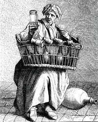 18th century french woman holds a basekt withjugs