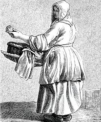 18th century french woman holds a basket of baked apples