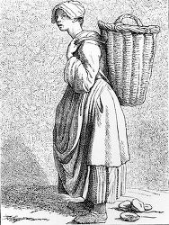 18th century french woman holds basket with oysters for sale