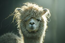a fluffy white alpaca with messy hair