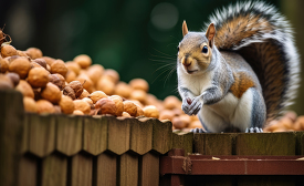 a pile of peanuts with agrey squirrel enjoying