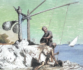 A Shadoof for Drawing Water from the Nile Colorzied illustration
