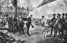 Aadmiral of the Spanish Armada surrenders to Drake