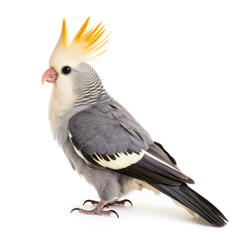adult gray cockatiel side view in front of white background